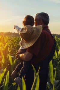 Farmer with grandchild in corn field watching the sunrise.