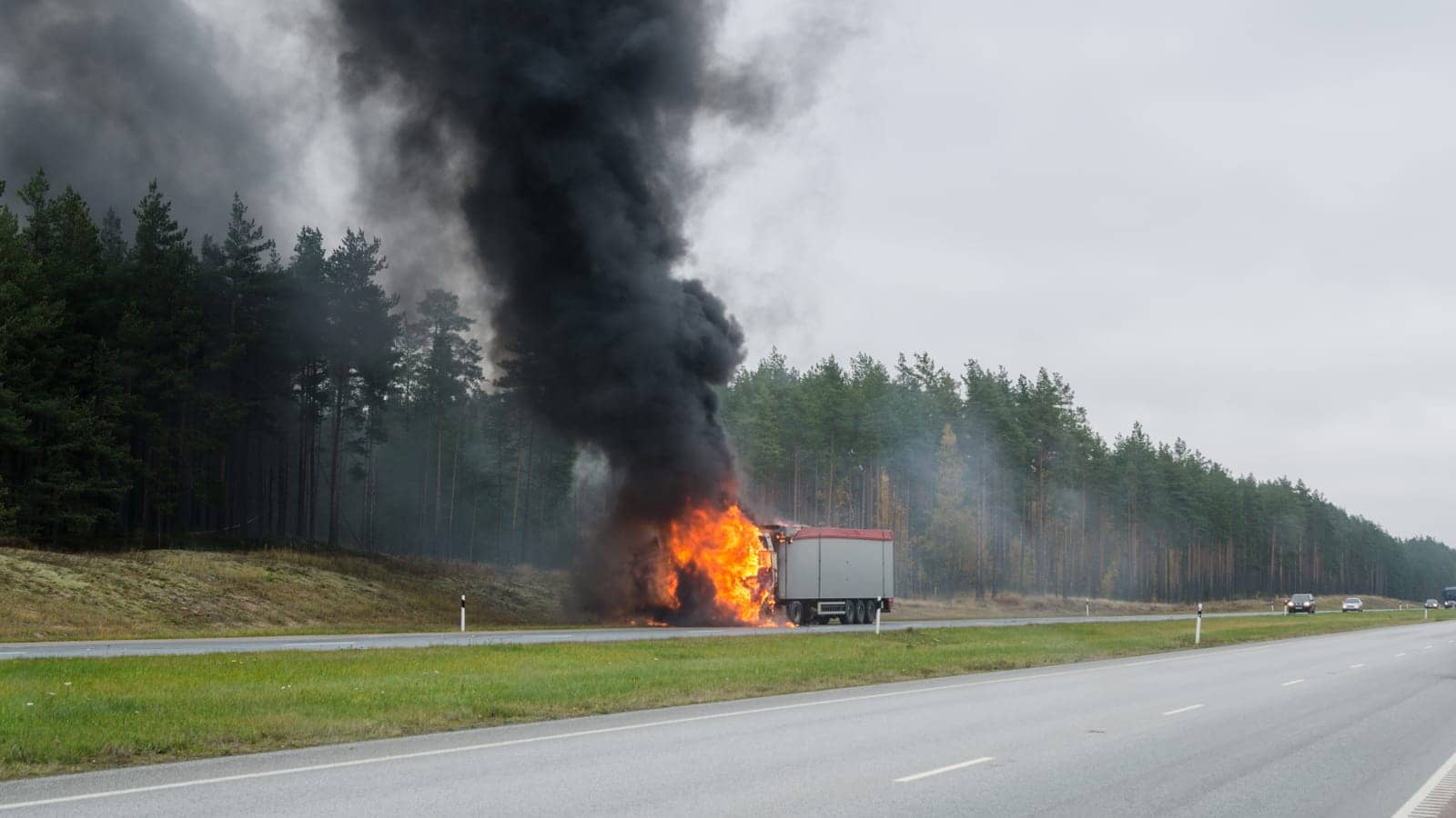 Truck burning on the highway