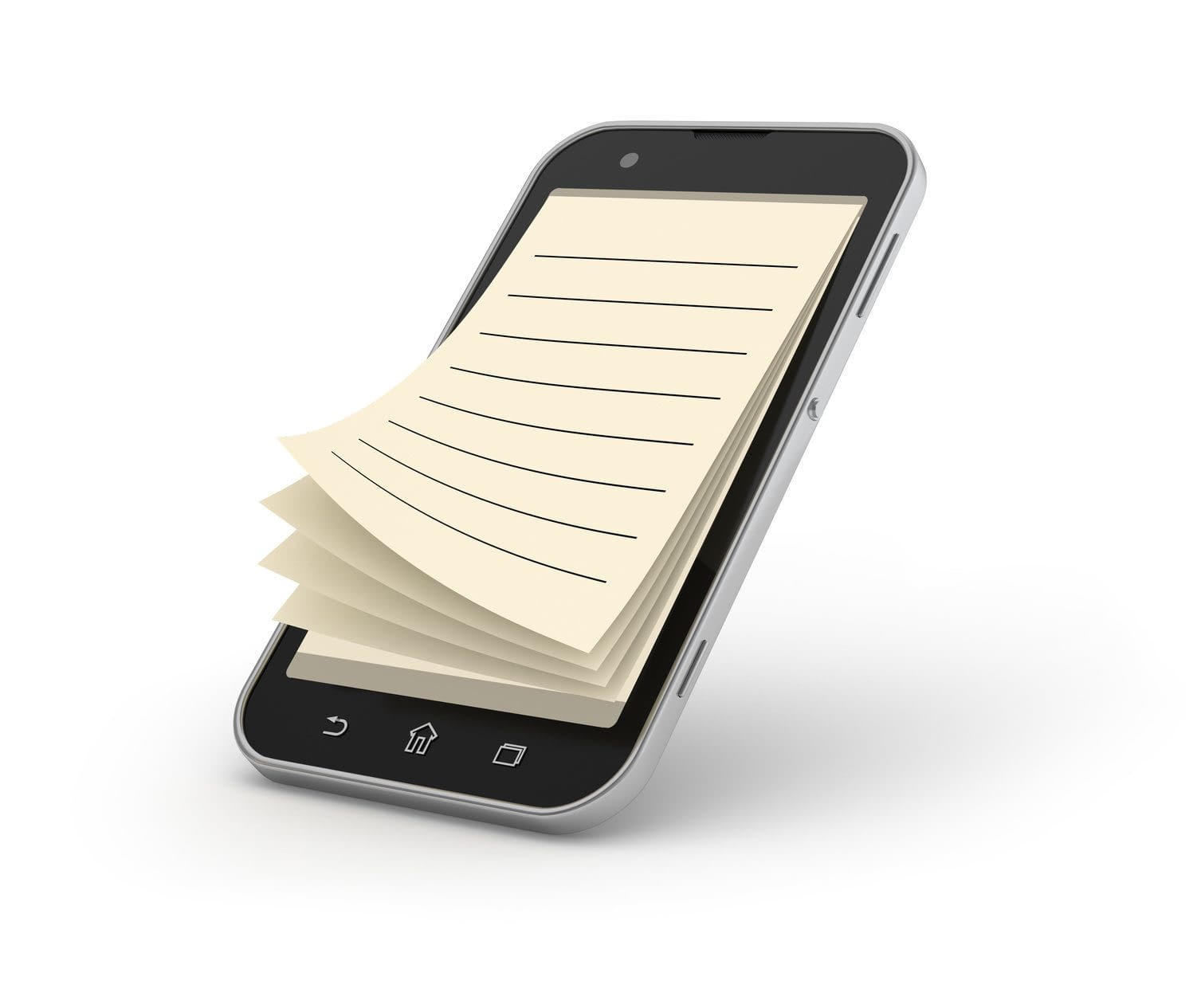 Smartphone notepad. Notepad on smartphone on white background.
