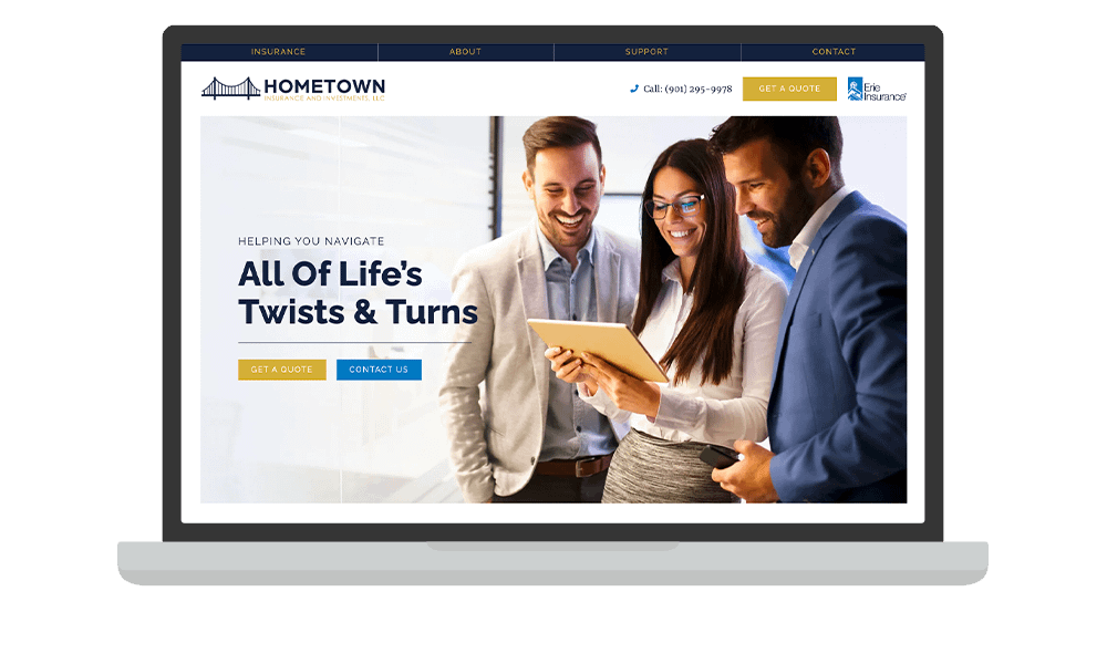Screenshots of the Hometown Insurance and Investments, LLC website on a laptop, tablet, and smartphone.