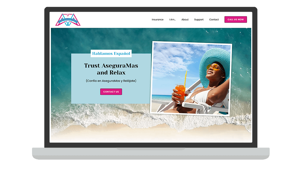 Screenshots of the AseguraMas Agency, LLC website on a laptop, tablet, and smartphone.