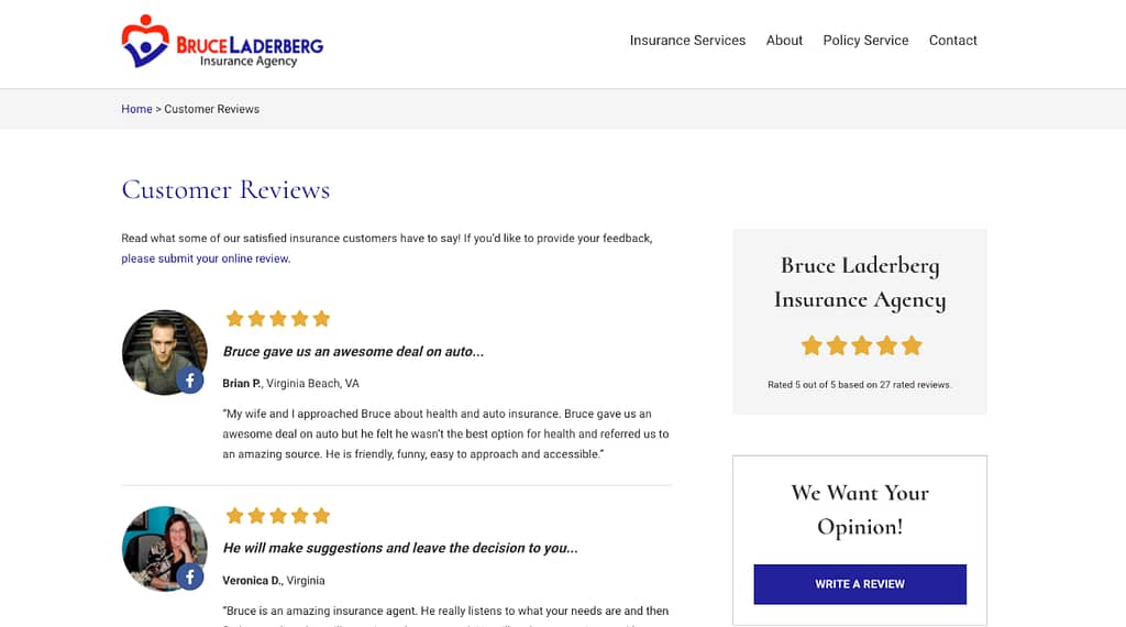 Insurance agent webpage listing multiple customer reviews.