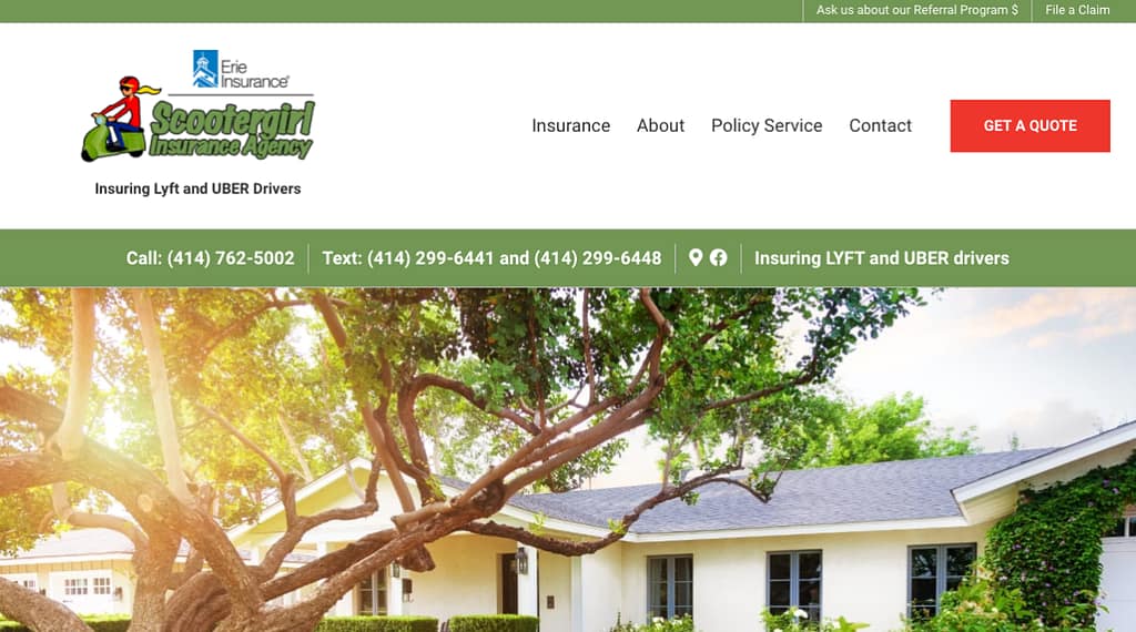 Scootergirl Insurance Agency home page with memorable logo.