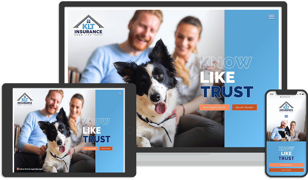 Insurance agency website home page displayed on three devices: a laptop, tablet, and mobile phone.