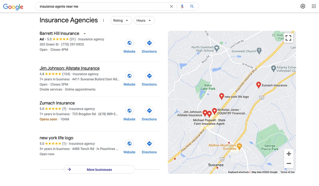 Google local search results with a list of locations on the left and map on the right.