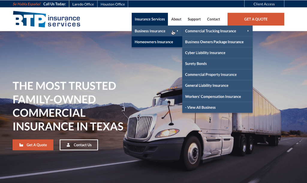 Example of a website's primary navigation menu with the Business Insurance dropdown expanded.