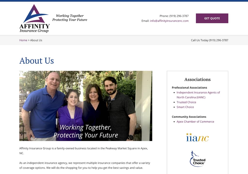 Insurance agency webpage listing professional associations in the sidebar.