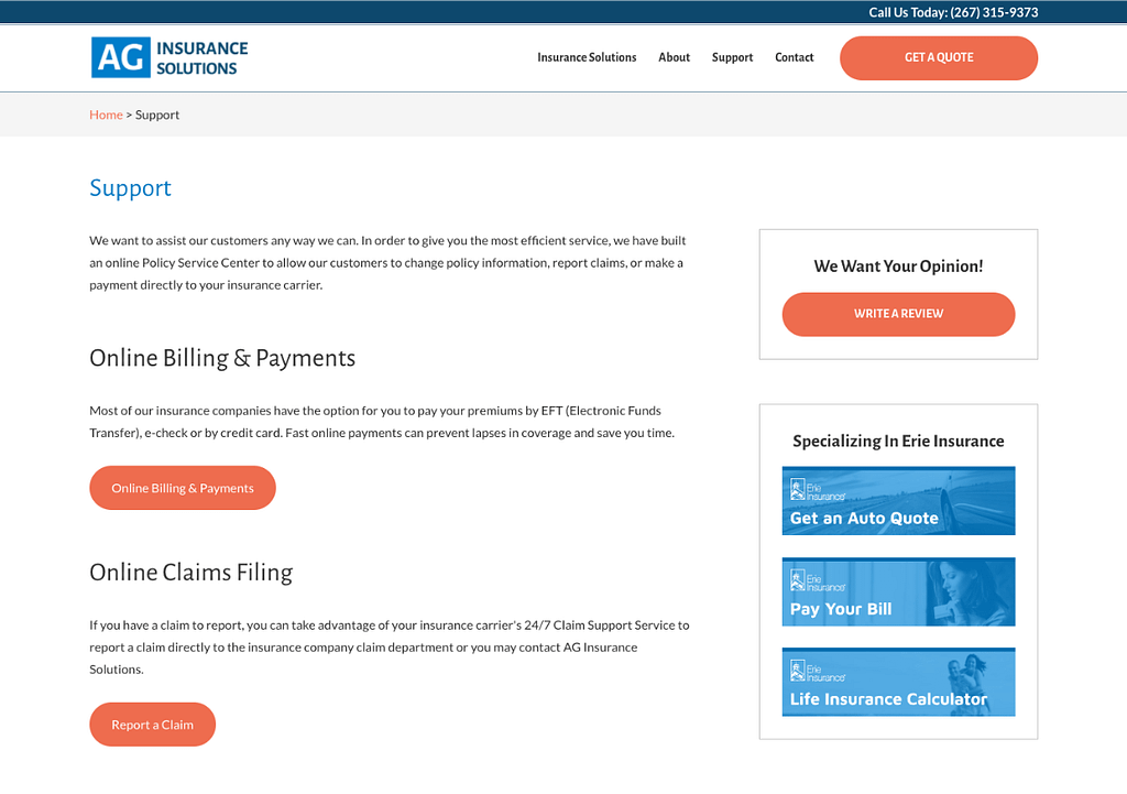 Support center page with links to billing, support, and file a claim.