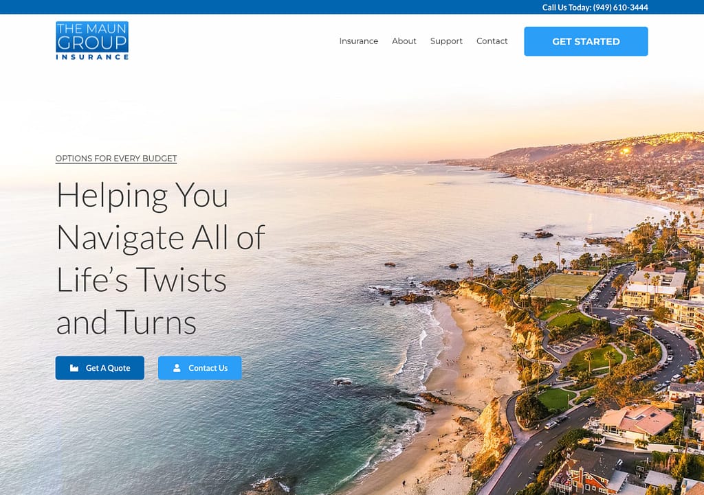 Homepage hero with aerial photo of local beach community in the background.