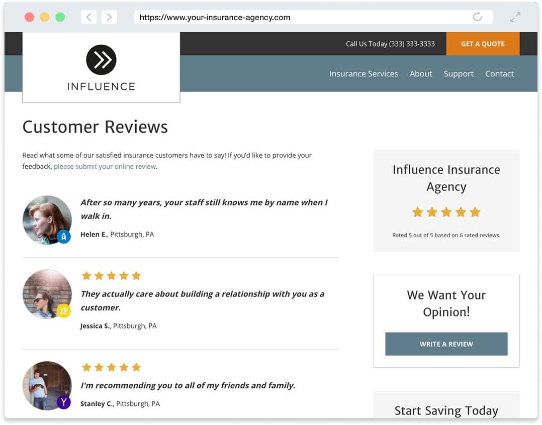 Sales Tools My Agent Personalization – Inactive Example of Customer Reviews on an Agency Website