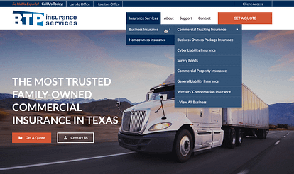 Example of a website's primary navigation menu with the Business Insurance dropdown expanded.