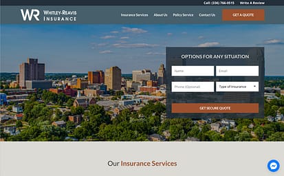 Whitley Reavis home page hero with aerial photo of Winston-Salem skyline.