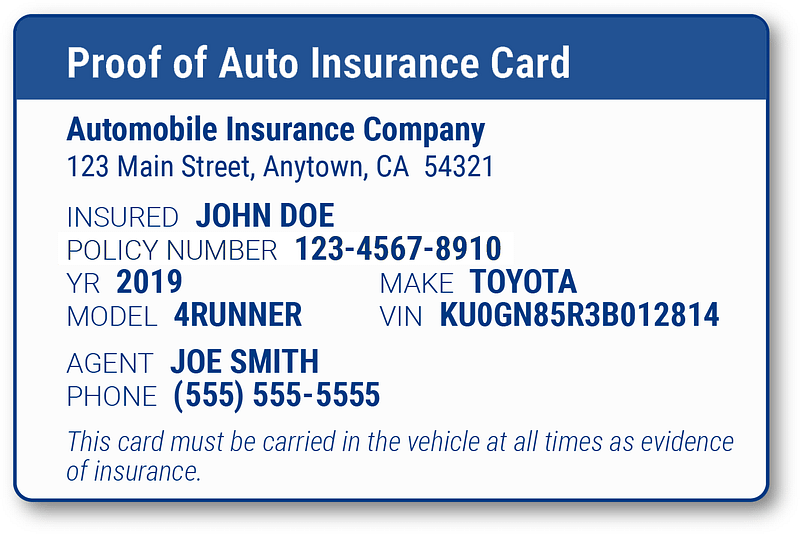 Example of proof of insurance card