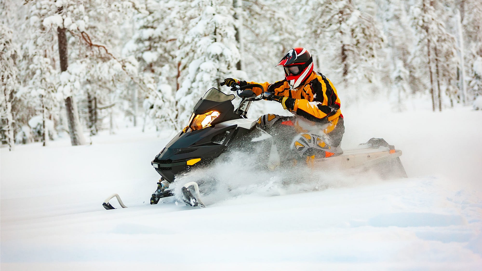 Person riding a snowmobile in snowy landscape.