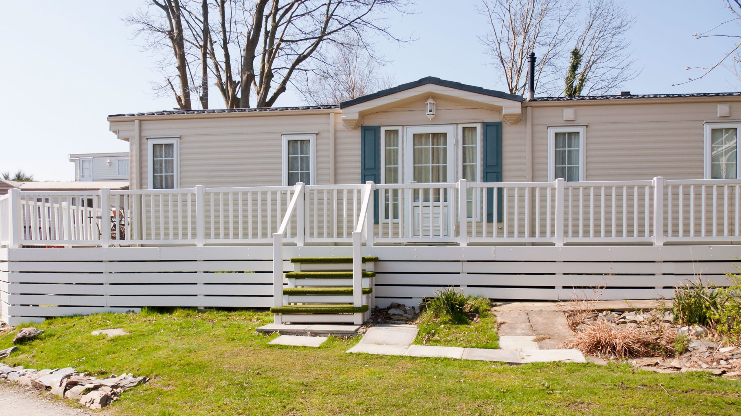 Exterior view of mobile home with front porch.
