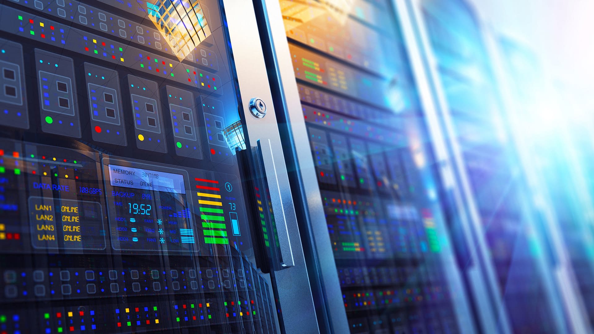 Several racks of computer servers and equipment in locked cabinets.