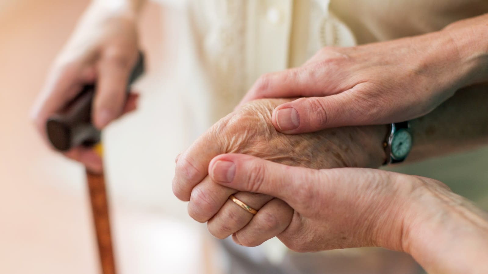 homecare and hospice person holding an elder's hand