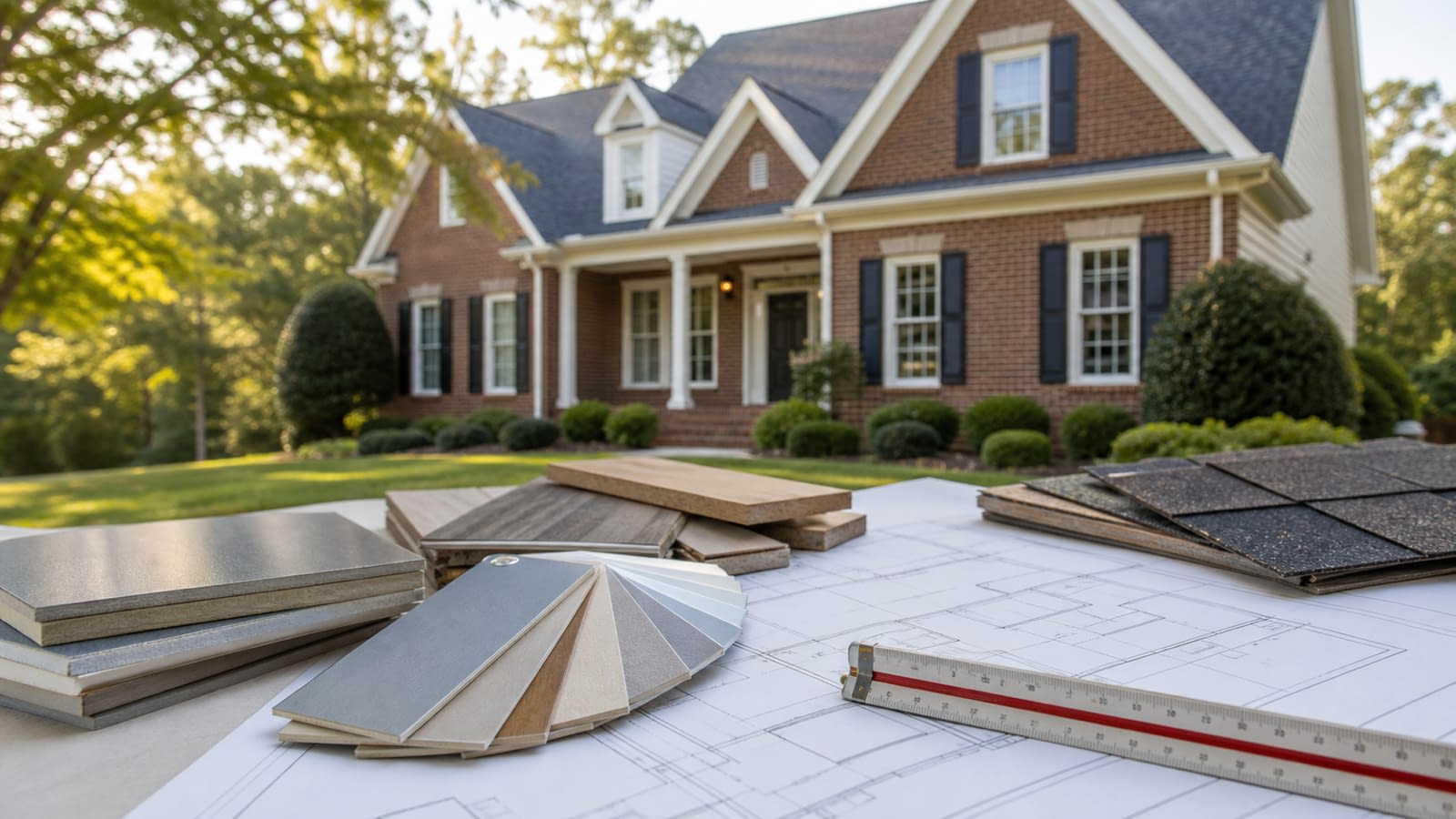 Home Rebuilding Cost Review Home with building plans and material samples used to illustrate reconstruction cost.