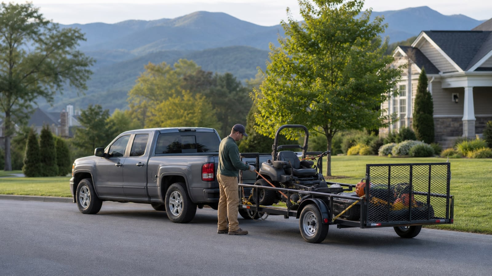 Personal Vehicle Used for Business Small-business owner securing landscaping equipment on a utility trailer behind a pickup truck.