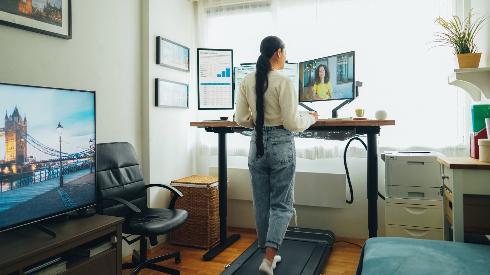 woman working from home while walking on a treadmill