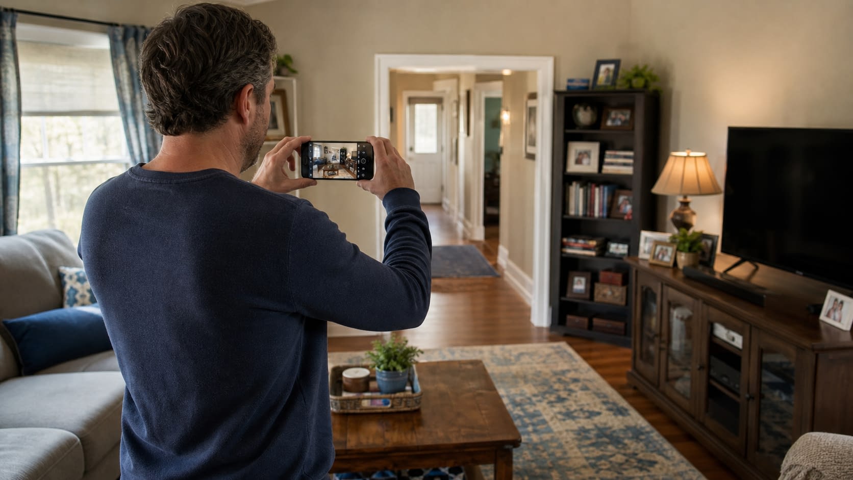 Home inventory before a loss Homeowner recording a room-by-room video inventory before an insurance claim.