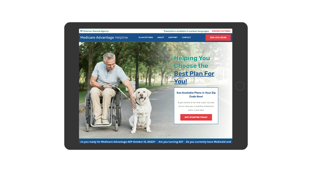 Tablet View of BrightFire Insurance Agency Website for Medicare Advantage Helpline