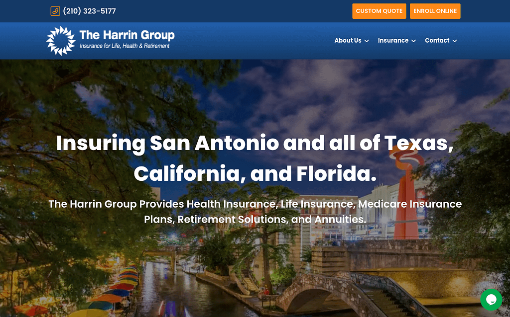 Harrin Group insurance agency website home page with video background of San Antonio.