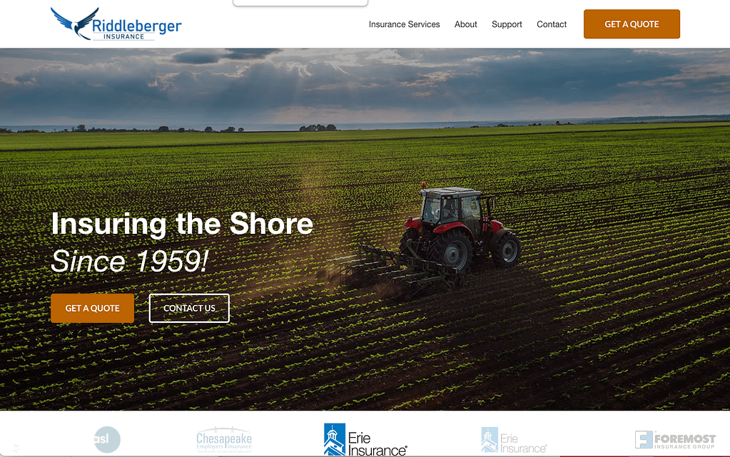 Riddleberger website home page with farmland and tractor in background.