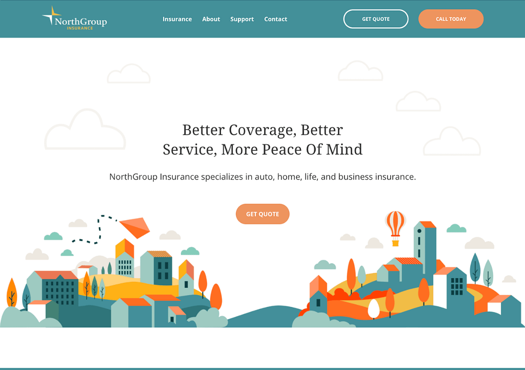 Clean website design by BrightFire featuring several illustrations.
