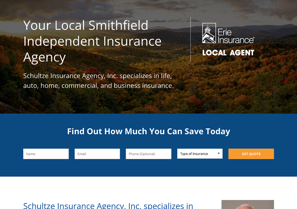 Simple lead form displayed prominently on an insurance agency's home page.