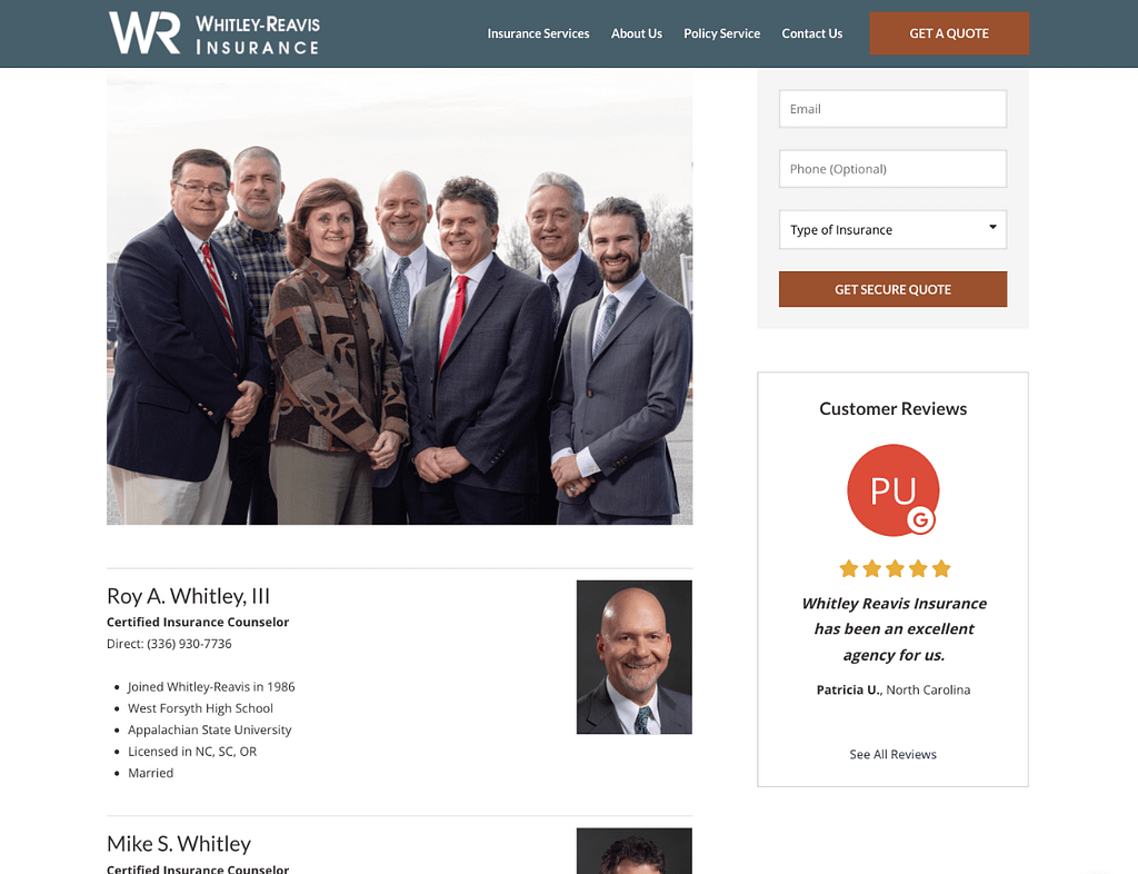 Interior page of insurance agency's website listing all their employees.