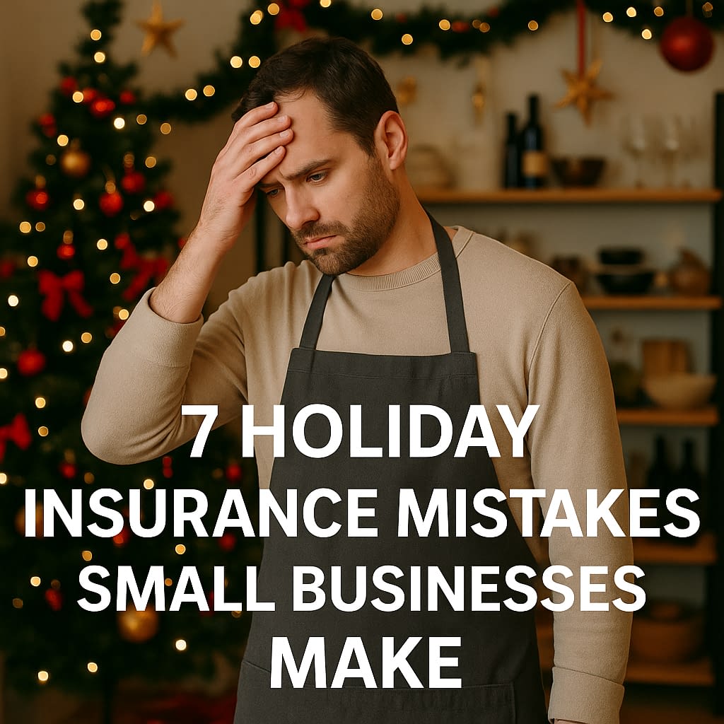 7 Holiday Insurance Mistakes Small Businesses Make A worried shopkeeper in a holiday-decorated store with text overlay reading "7 Holiday Insurance Mistakes Small Businesses Make"