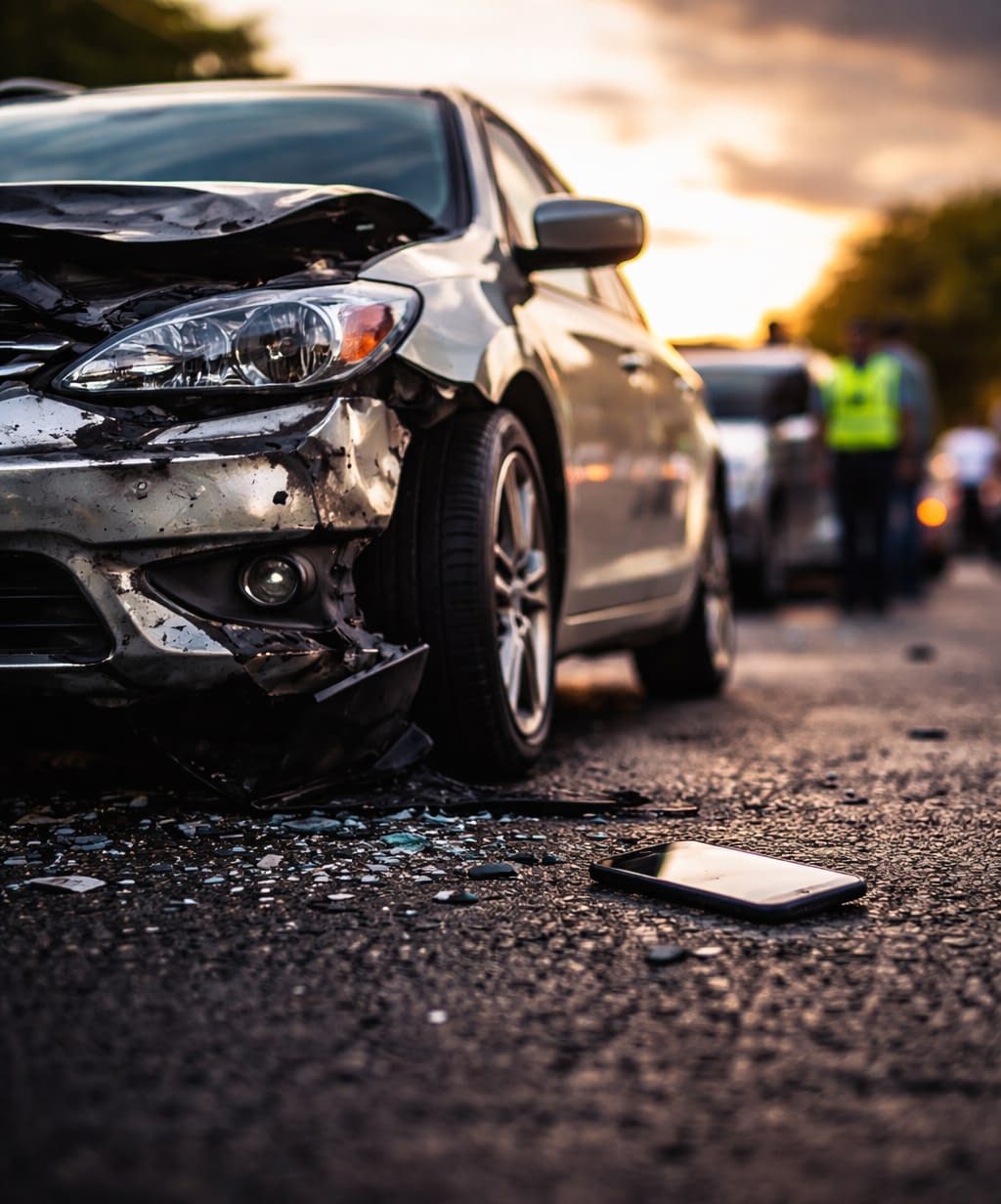 Distracted Driving Crash Scene in Virginia Damaged sedan and phone on roadway after a distracted driving crash in Virginia