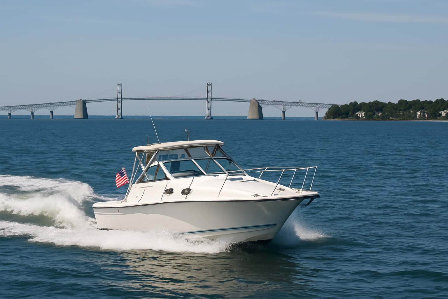 Chesapeake Boating Insur Blog Image White motorboat cruising on a calm blue bay with an American flag on the stern and a suspension bridge in the background under a clear sky,
