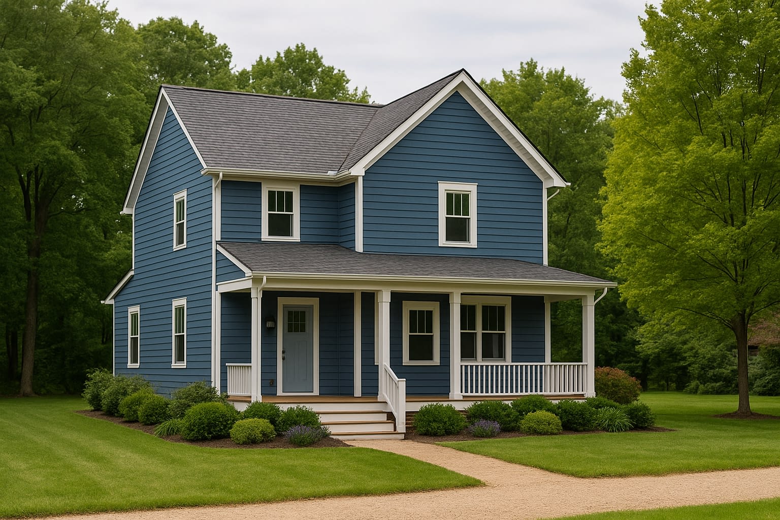 Homeowners Home Image Blue two-story house with a covered front porch, surrounded by neatly landscaped bushes and a green lawn, set against a backdrop of tall trees