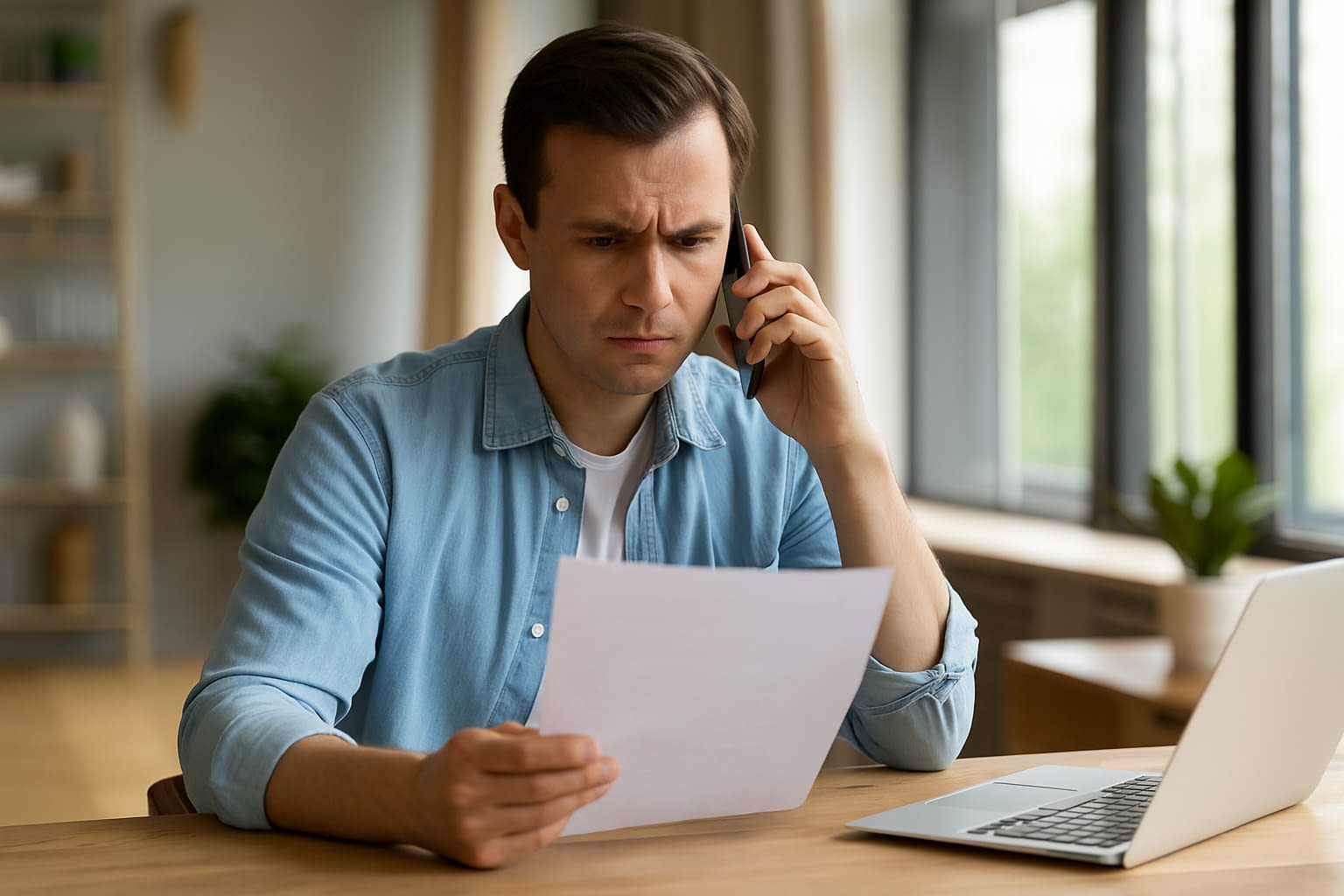 Reviewing your life insurance policy? It might be time for an update. A concerned man in his 30s sits at a table, holding a phone to his ear while reviewing a document, with a laptop open in front of him in a bright, modern home setting.