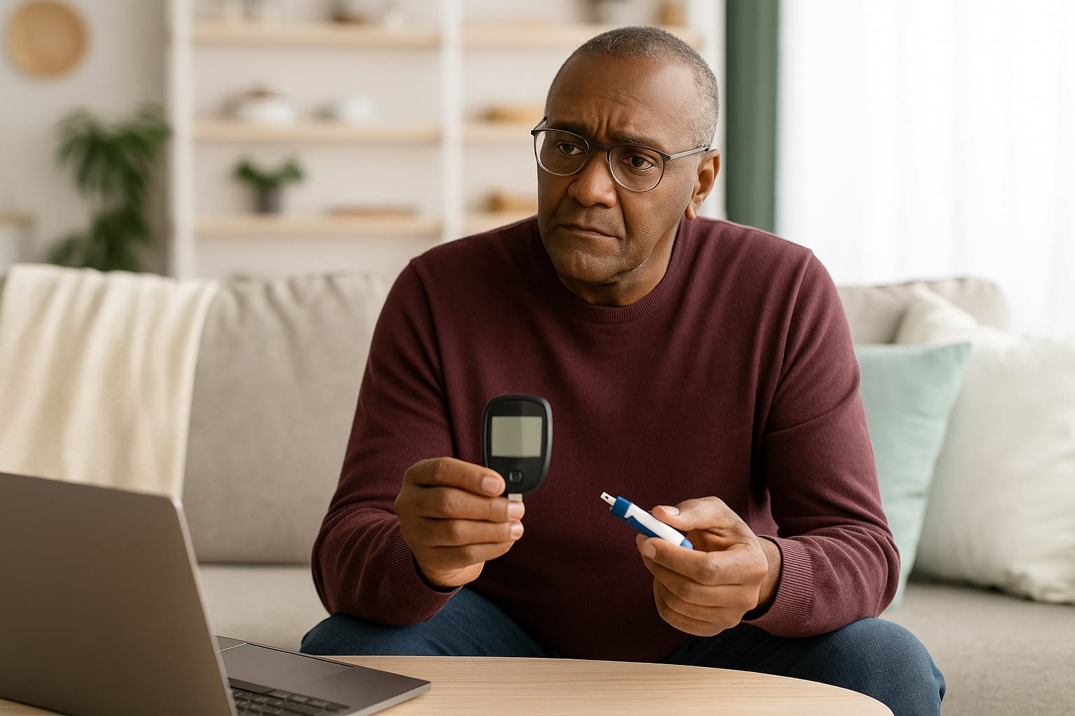 Life Insurance Options for People with Pre-Existing Conditions An older African American man wearing glasses and a burgundy sweater sits on a sofa, holding a glucose meter and a lancet device in his hands, with a laptop on the coffee table in front of him.