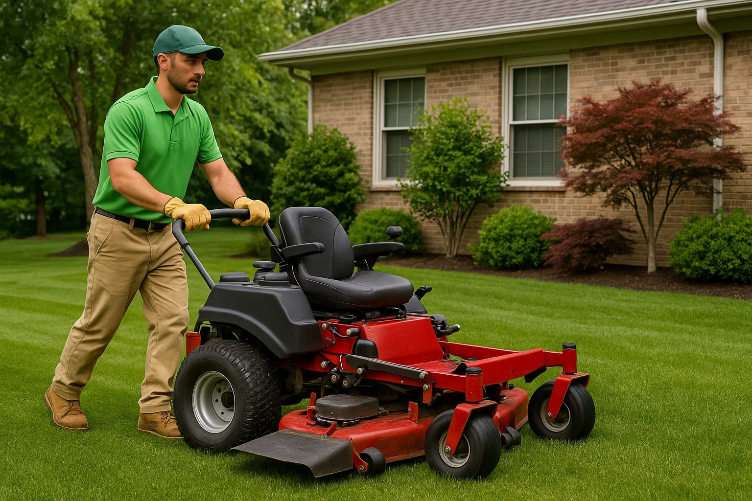 Landscaper Using Zero-Turn Mower on Residential Lawn Professional landscaper operating a zero-turn lawnmower on a well-maintained residential lawn, illustrating the type of work that may require special liability endorsements for landscaping companies.
