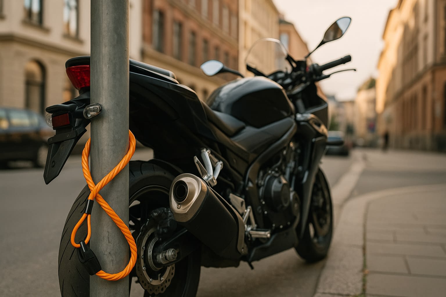 Motorcycle Theft Prevention: Summer Security Essentials Black motorcycle locked to a street pole with an orange cable lock on an urban sidewalk in summer.