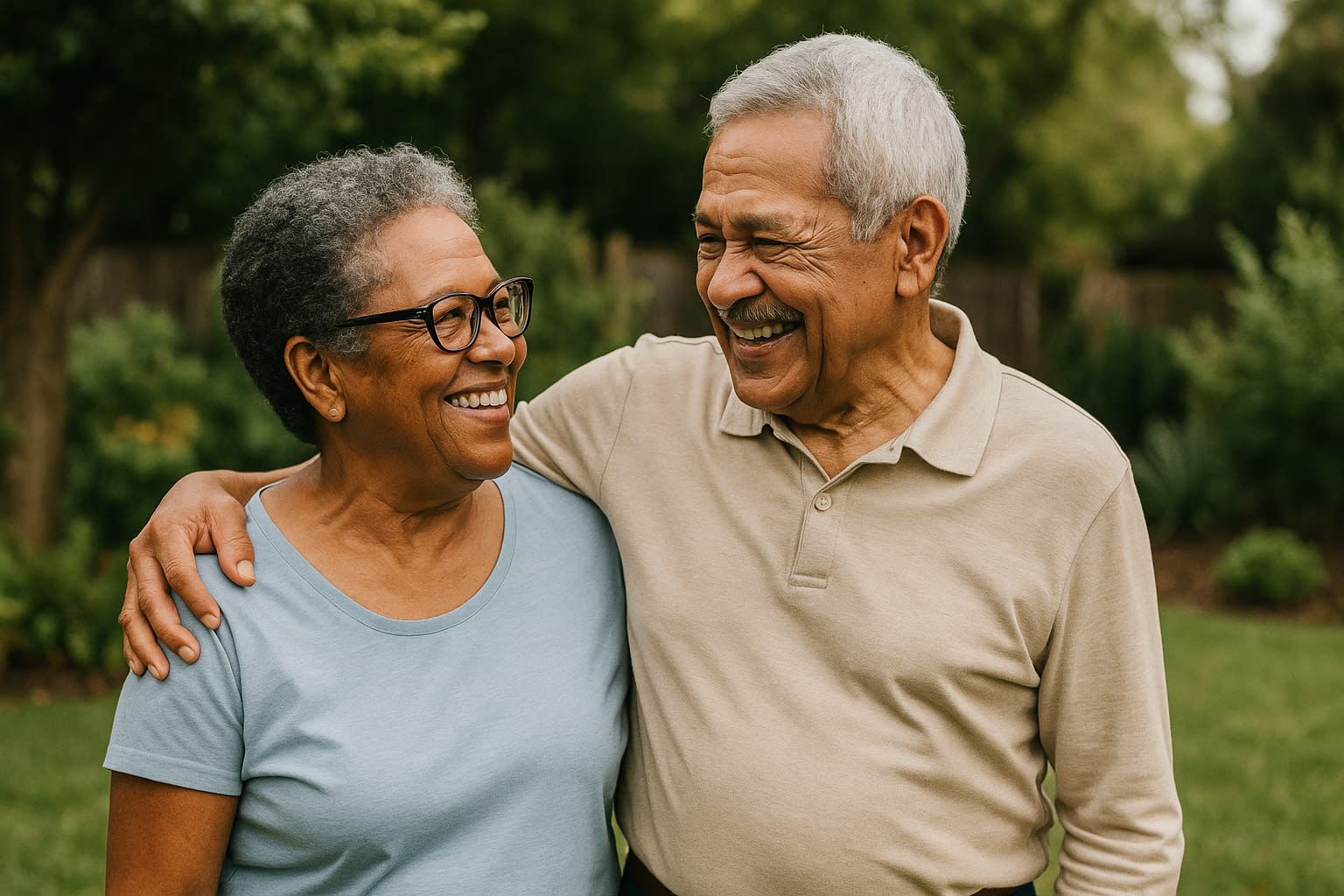 Older couple Final expense image Smiling older couple embracing outdoors, symbolizing peace of mind and security in later life.
