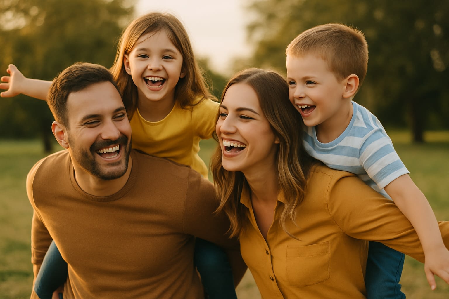 Young Family Outdoors – Term Life Insurance for Peace of Mind Young family laughing and playing outdoors together during sunset, symbolizing joy, security, and togetherness.