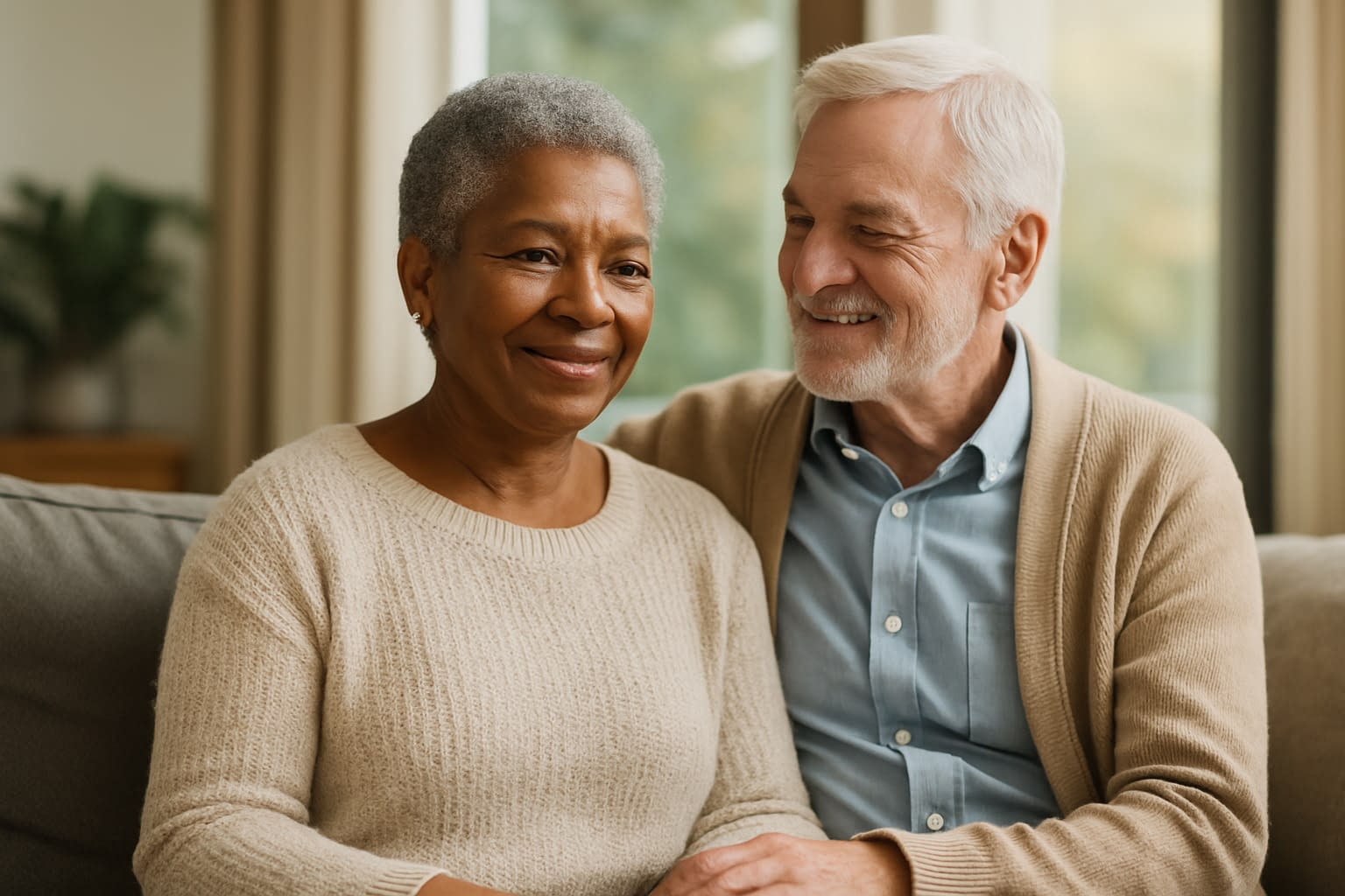 Peace of Mind Through Life Insurance. Loving Couple at Home A smiling senior couple sitting together symbolizing the security and peace of mind life insurance provides for loved ones.