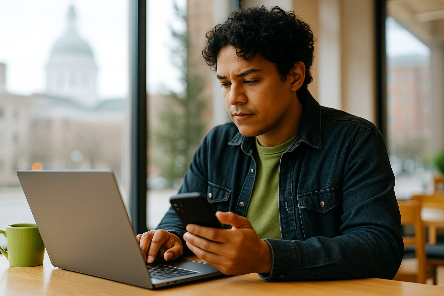 Cyber Insurance Virginia – Protecting Small Businesses from AI Deepfake Threats Small business owner reviewing cybersecurity risks on laptop and phone to protect against AI deepfake scams.