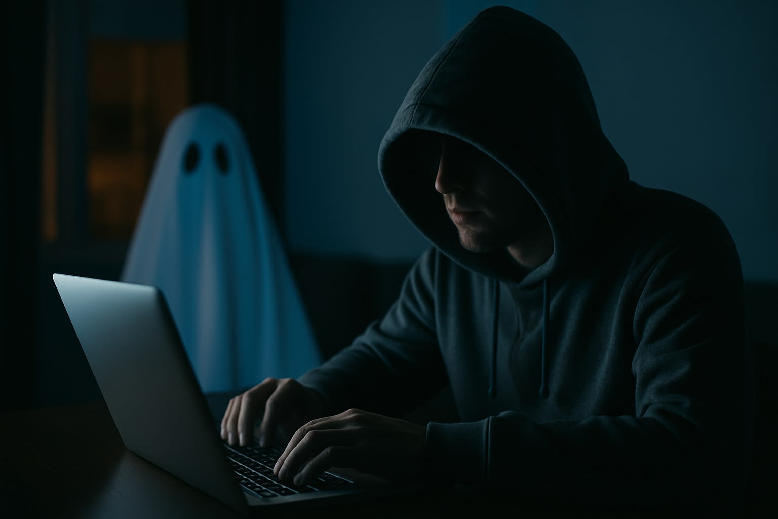 Ghosts Aren’t Real, But Cybercriminals are: Cybersecurity Insurance Blog A hooded cybercriminal using a laptop in a dark room with a ghostly figure in the background symbolizing spooky cybersecurity threats.