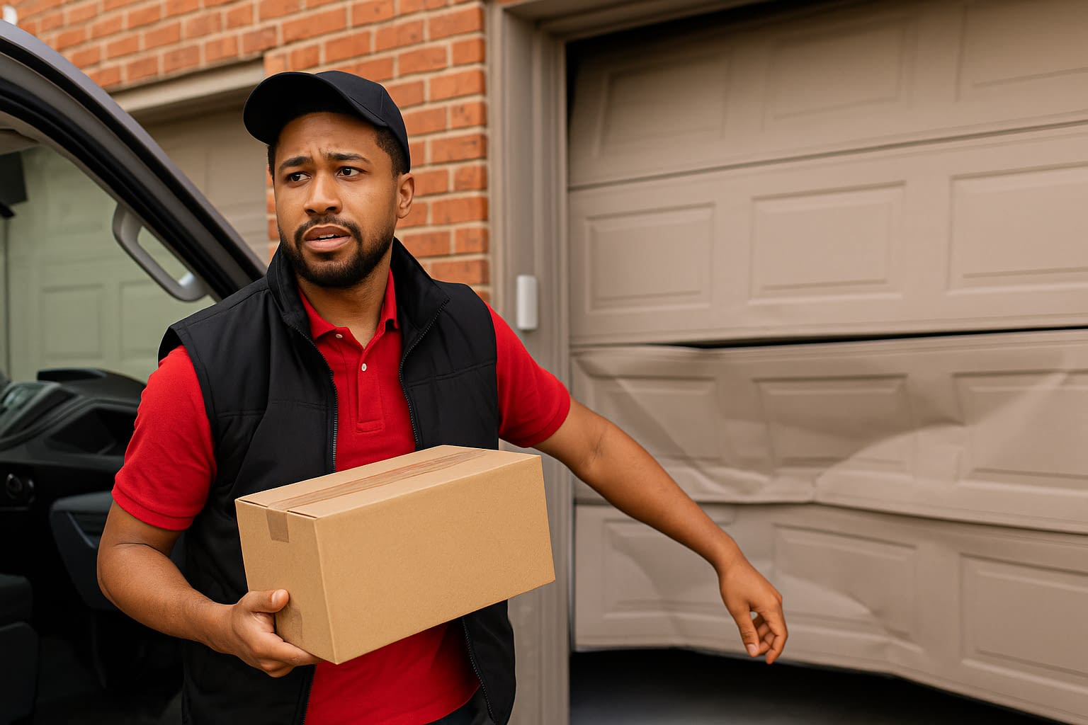 Delivery Driver Insurance Claim Denied A delivery driver holding a package in front of a garage door with visible damage, representing an accident claim situation.