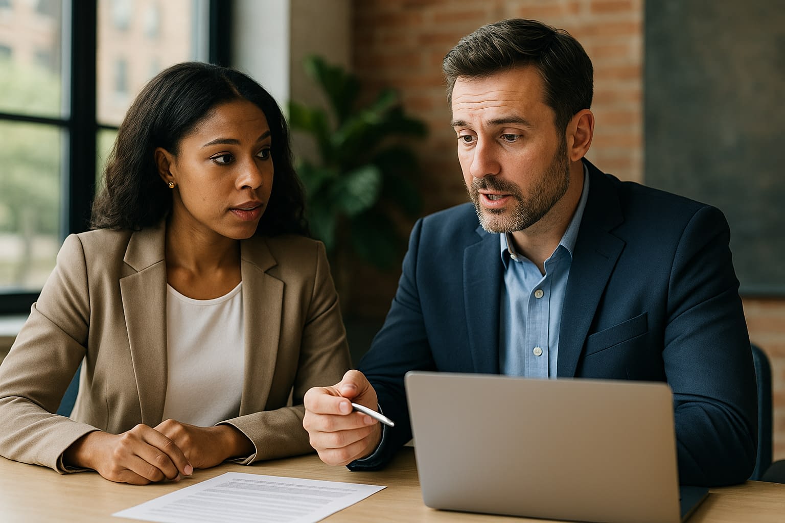 Professional Consultation on E&O Insurance Coverage Business professionals reviewing insurance documents together in a modern office setting, emphasizing the importance of E&O coverage for service-based businesses.