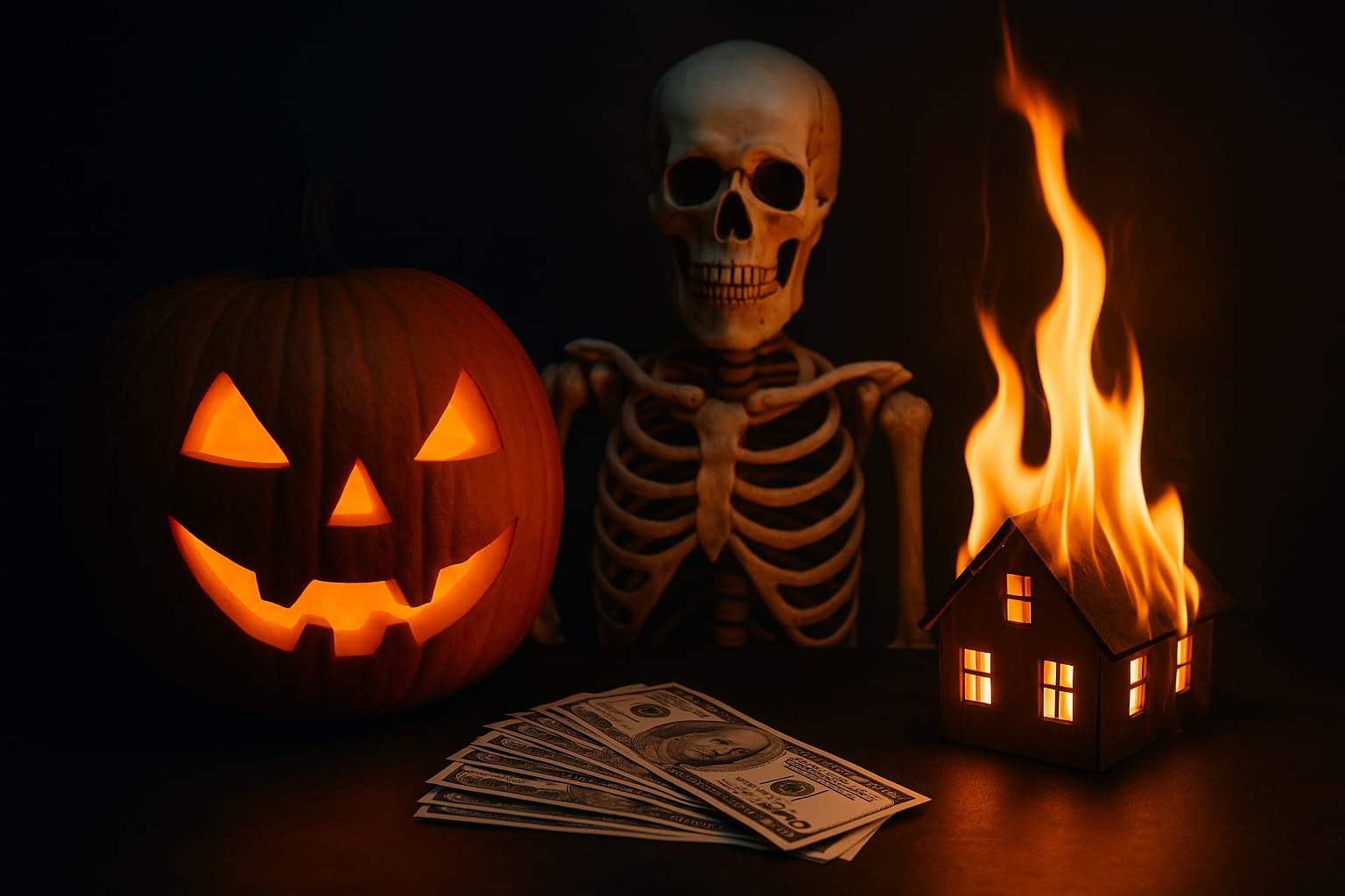 Halloween Business Insurance Hazards A Halloween-themed scene featuring a glowing jack-o'-lantern, a human skull, a stack of cash, and a house engulfed in flames, symbolizing business insurance risks.