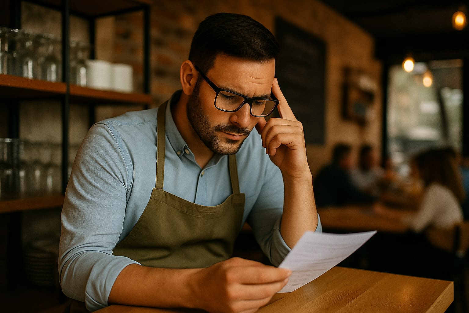 Small Business Owner Reviewing Finances A concerned small business owner in an apron reviewing paperwork in a cafe, representing the importance of regular insurance and financial checkups.