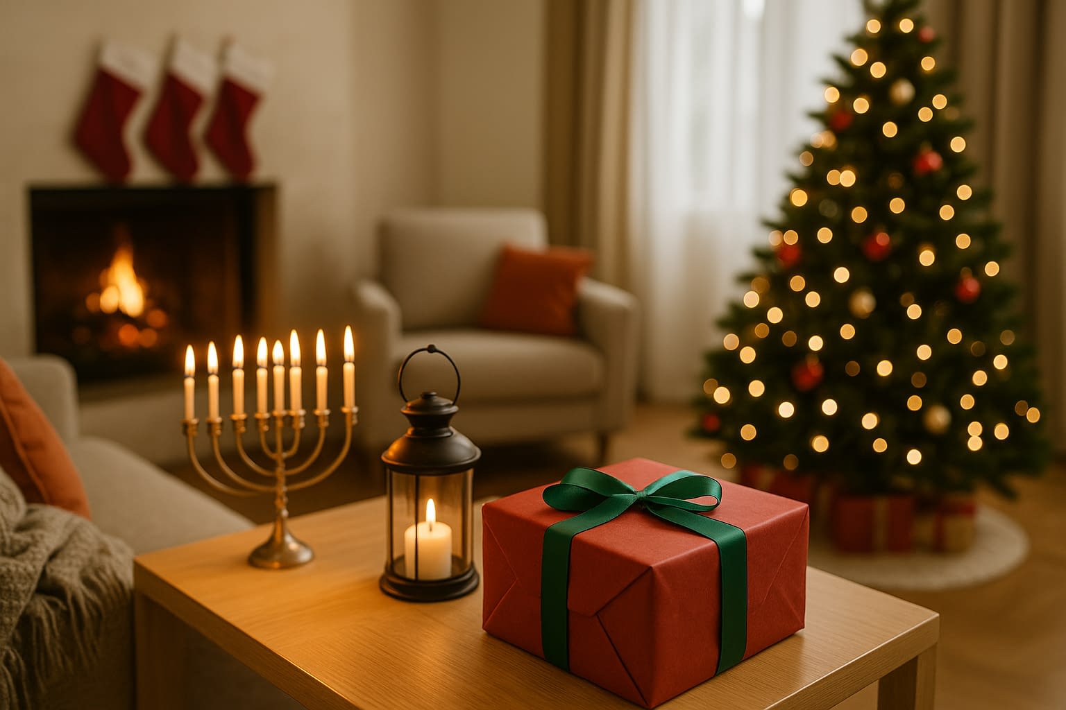 Warm Holiday Living Room with Christmas and Hanukkah Decorations Festive living room with Christmas tree, Menorah, candles, and a wrapped gift on a table in front of a lit fireplace.