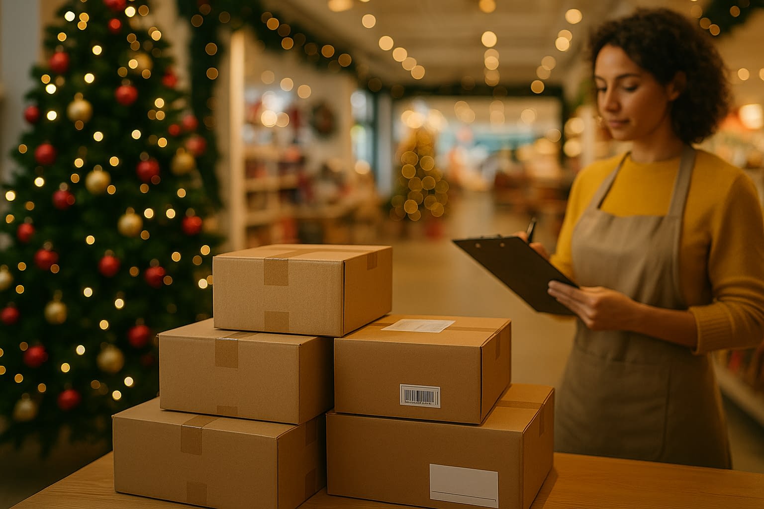Holiday Retail Store with Increased Inventory & Staff Activity Retail store interior during the holiday season showing shelves stocked with inventory and employees assisting customers, highlighting the operational surge and insurance risks businesses face in November and December.